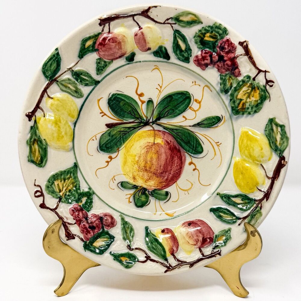 Vintage Italian Hand Painted Majolica Fruit Plate Wall Hanging Tuscan Decor